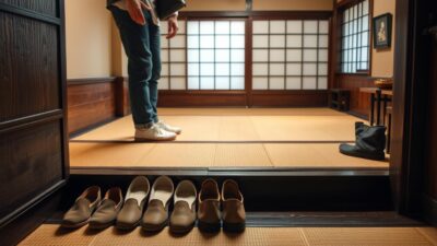 Wisatawan melepas sepatu sebelum memasuki ryokan tradisional, etika penting selama wisata ke Jepang