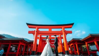 foto prewedding Fushimi Inari dengan gerbang torii merah