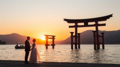 foto prewedding Pulau Miyajima dengan gerbang torii terapung