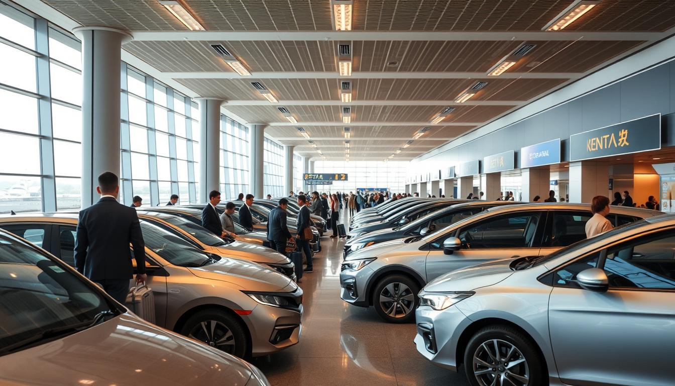 A bustling airport terminal in Japan, filled with natural light streaming through expansive windows. In the foreground, a display of various rental car models, their sleek exteriors gleaming under warm overhead lighting. Travelers peruse the options, some speaking with attentive agents at the rental counter. The middle ground features a queue of people waiting patiently to secure their transportation, suitcases in hand. In the background, the hustle and bustle of the airport is evident, with people navigating the concourse, their footsteps echoing on the polished floors. The scene conveys a sense of efficiency and convenience, inviting the viewer to imagine the ease of renting a car directly at the airport for their Japanese adventure.
