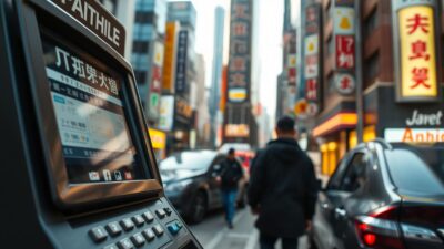 A close-up photograph of a parking ticket machine in a bustling Japanese city. The machine is sleek and modern, with a touch screen interface and various payment options. The foreground is in sharp focus, showcasing the intricate details of the machine's buttons and display. The middle ground features a few pedestrians passing by, adding to the urban atmosphere. The background is slightly blurred, revealing the tall buildings and neon signs that are characteristic of a Japanese cityscape. The lighting is natural, with a warm, golden tone that creates a inviting ambiance. The overall scene conveys the importance of understanding parking regulations to avoid fines and towing in the densely populated urban environment.