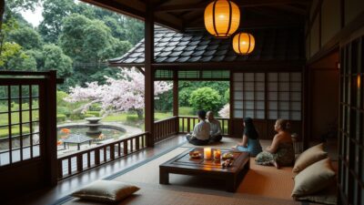 A cozy Japanese ryokan nestled in a lush, verdant landscape, with a traditional tiled roof and latticed windows. The serene interior features tatami mats, shoji screens, and a low wooden table surrounded by plush cushions. Soft, warm lighting filters through paper lanterns, creating a tranquil ambiance. A family of four relaxes on the veranda, gazing out at a picturesque garden with a tranquil koi pond and blooming cherry blossoms. The scene evokes a sense of timeless Japanese hospitality and familial comfort.