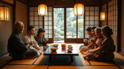 A cozy, dimly lit ryokan interior with a multigenerational Japanese family gathered around a low table, enjoying a traditional tea ceremony. Soft tatami mats and shoji screens create an intimate, serene atmosphere. The family members are dressed in comfortable yukata robes, sipping tea from delicate ceramic cups. Warm, golden lighting from paper lanterns casts a gentle glow, while outside, a peaceful garden landscape can be glimpsed through the open doors. The scene exudes a sense of tradition, comfort, and quality family time.