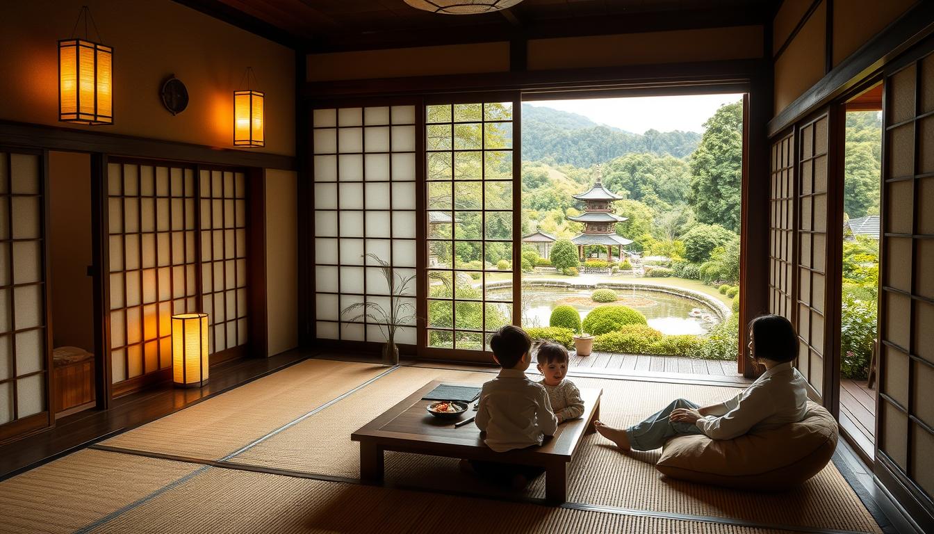 A cozy, traditional Japanese inn nestled in a lush, serene landscape. The tatami-matted room features elegant shoji screens, with a low wooden table and plush futon bedding. Soft, natural lighting from paper lanterns casts a warm, inviting glow. In the foreground, a family relaxes together, enjoying the tranquil atmosphere. Expansive, verdant gardens can be glimpsed through the open veranda, with a koi pond and pagoda in the distance. The inn exudes a welcoming, family-friendly ambiance, reflecting the harmonious, cultural experience of a true Japanese ryokan.