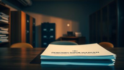 A dimly lit office setting, with a wooden desk in the foreground, upon which rests a stack of official-looking documents, their covers emblazoned with the words "Dokumen Impor Mainan". The background is hazy, suggesting a sense of bureaucratic complexity, with file cabinets and shelving units lining the walls, casting long shadows across the room. The lighting is warm and subdued, creating an atmosphere of seriousness and attention to detail. The camera angle is slightly elevated, giving the viewer a sense of authority and oversight, as if surveying the process of importing toys into the country.