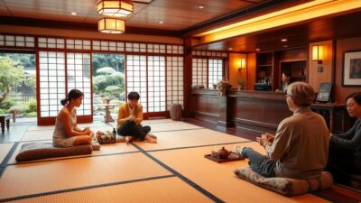 A family-friendly Japanese hotel lobby with warm, inviting lighting and a traditional tatami mat floor. In the foreground, a group of travelers sit on plush floor cushions, discussing their itinerary while sipping tea. The middle ground features a wooden reception desk, where a friendly clerk assists a couple checking in. In the background, shoji screens allow a glimpse of a tranquil garden, with lush greenery and a koi pond. The overall atmosphere evokes a sense of cultural immersion and hospitality, capturing the essence of an ideal Japanese accommodation experience.