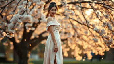 A formal, elegant wedding guest outfit for a spring pre-wedding photoshoot. A slender woman stands confidently in a long, flowing dress with a high slit and off-the-shoulder design, made of luxurious satin in a soft pastel color. Her hair is styled in a romantic updo, with delicate tendrils framing her face. Warm, golden-hour lighting casts a gentle glow, creating a serene, sophisticated atmosphere. The background features a lush, blooming cherry blossom tree, with petals drifting in the breeze. The overall scene evokes a sense of timeless elegance and the joyful spirit of a spring wedding celebration.
