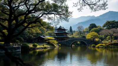 A lush, traditional Japanese landscape with a serene temple nestled among ancient trees, their branches casting dappled shadows. In the foreground, a tranquil pond reflects the temple's elegant architecture, its surface rippling gently. The middle ground features a stone bridge arching gracefully over the water, inviting visitors to explore. In the background, majestic mountains rise, their peaks shrouded in a delicate mist. The scene is illuminated by soft, natural lighting, evoking a sense of timeless, contemplative beauty. The overall mood is one of peaceful harmony, capturing the essence of Japan's rich cultural heritage.