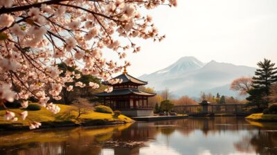 A lush, verdant Japanese landscape in the early spring. A serene pond reflects the soft pastel hues of cherry blossoms blooming overhead, their delicate petals drifting gently on the breeze. In the middle ground, a traditional wooden pavilion stands amidst a carefully manicured garden, its elegant architecture bathed in warm, golden sunlight. In the background, distant snow-capped mountains rise majestically, their peaks touched with wisps of cloud. The overall atmosphere exudes a sense of tranquility and the delicate, fleeting beauty of the Japanese springtime.
