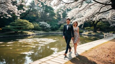 A serene Japanese garden with a tranquil pond, surrounded by lush foliage and blossoming cherry trees. A stylishly dressed couple strolls hand-in-hand, their expressions radiating joy and intimacy, captured by a skilled photographer using a wide-angle lens to frame the scene. Soft, warm lighting filters through the trees, creating a magical, romantic atmosphere. The couple's elegant attire and natural poses showcase the beauty of the setting, perfectly complementing the "Mengoptimalkan Waktu Kunjungan untuk Prewedding" theme.