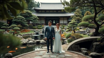 A serene, natural wedding scene in a lush Japanese garden. In the foreground, a stylishly dressed couple stands hand-in-hand, their elegant attire and pose exuding a sense of tranquility and thoughtful planning. The middle ground features a carefully curated landscape of koi ponds, stone bridges, and meticulously pruned bonsai trees, creating a harmonious, zen-like atmosphere. The background is filled with the soft, muted tones of a Japanese temple, its timeless architecture and gentle lighting setting the tone for a thoughtfully executed pre-wedding photoshoot. The overall mood is one of understated sophistication, effortless beauty, and a deep appreciation for the natural world.