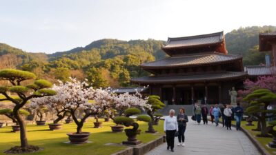 A serene traditional Japanese temple nestled amidst lush green hills, its ornate architecture and pagoda roof bathed in warm afternoon sunlight. In the foreground, a stone pathway leads visitors through a tranquil garden filled with carefully pruned bonsai trees and blooming cherry blossoms. Tourists explore the historic site, marveling at the intricate carvings and centuries-old statues that bear witness to Japan's rich cultural heritage. The scene conveys a sense of timelessness, inviting contemplation and a deeper appreciation for the country's storied past.