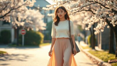 A stylish young woman strolling through a cherry blossom-lined street in Japan, wearing a relaxed yet chic outfit consisting of a flowy midi skirt in a soft pastel shade, paired with a tucked-in, fitted white blouse. Her hair is loosely styled, and she carries a simple tote bag. The scene is bathed in warm, golden afternoon light, creating a serene, romantic atmosphere. In the background, blurred buildings and lush greenery provide a picturesque Japanese setting, conveying the essence of a casual yet sophisticated prewedding photo shoot during the spring season.