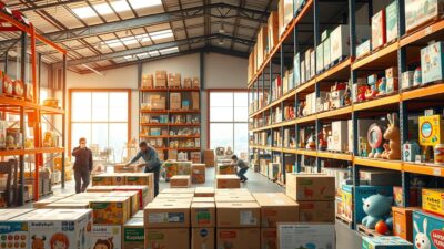 A warehouse interior filled with shelves stocked with a diverse array of educational Japanese toys. Bright, warm lighting illuminates the scene, casting a natural glow on the vibrant colors and intricate details of the toys. In the foreground, a group of carefully packaged toy boxes are being inspected by a logistics team, conveying the process of importing these educational playthings. The middle ground features rows of shelves showcasing a wide range of imaginative, high-quality toys, hinting at the breadth of the product selection. In the background, a large window offers a glimpse of a cityscape, suggesting the global reach of this import operation. The overall atmosphere is one of excitement, quality, and the joy of discovery as these unique Japanese toys are made available to local children.