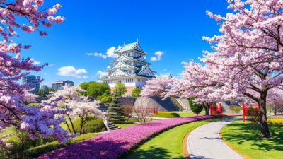 Gambar Kastil Osaka dengan Taman Nishinomaru yang indah