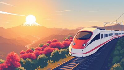 Gambar Shinkansen melintasi pemandangan Jepang
