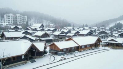 Gambar desa Shirakawa-go di Gifu dengan atap jerami tebal yang tertutup salju