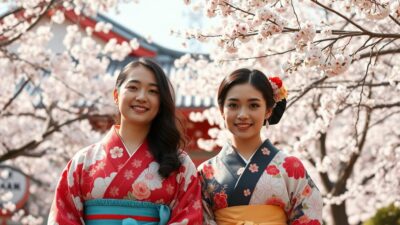 Gambar pasangan mengenakan kimono tradisional di Jepang musim semi