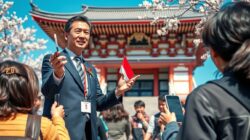 Pemandu wisata Jepang profesional sedang menjelaskan tentang Kuil Senso-ji di Tokyo kepada sekelompok wisatawan Indonesia