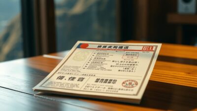 A Japanese driver's license document lying on a wooden table, illuminated by warm, natural lighting. The license is open, revealing a well-designed layout with intricate patterns and official stamps. The background features a blurred mountainous landscape, hinting at the scenic roads and driving conditions described in the article. The overall atmosphere conveys a sense of authenticity and attention to detail, reflecting the importance of proper documentation when navigating the challenging terrain of Japan's mountain roads.