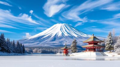 A breathtaking, snowy landscape at the base of Mount Fuji, Japan's iconic volcano. In the foreground, a serene frozen lake reflects the majestic peak, its slopes blanketed in a pristine, glistening white. Wispy clouds drift lazily across a vibrant azure sky, bathing the scene in soft, diffused light. Tall, snow-covered evergreen trees line the shores, creating a serene and tranquil atmosphere. The middle ground features a picturesque Japanese-style pavilion, its red-tiled roof contrasting beautifully with the surrounding winter wonderland. The entire composition evokes a sense of peaceful solitude and a harmonious blend of nature and architecture.