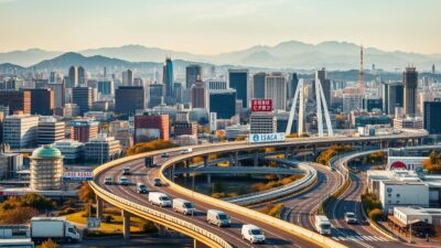 A bustling cityscape of Tokyo and Osaka, Japan, captured in a wide-angle shot. In the foreground, a winding expressway snakes through the metropolitan landscape, with cars and trucks navigating the traffic. In the middle ground, a mix of modern high-rise buildings and traditional architecture create a visually striking skyline, bathed in warm, golden sunlight. In the background, the silhouettes of distant mountains provide a natural backdrop, hinting at the rural landscapes beyond the urban centers. The scene conveys a sense of dynamic movement, the energy of two of Japan's largest cities, and the interplay between the built environment and the natural world.