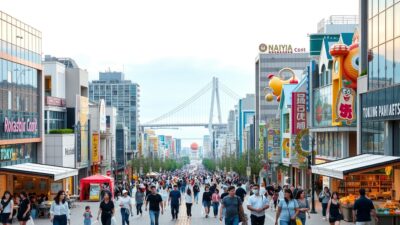 A bustling family shopping district in Tokyo's Odaiba, situated along the picturesque Tokyo Bay. Wide avenues lined with modern, glass-fronted stores and bustling with pedestrians. In the foreground, families stroll past outdoor cafes and street vendors, bags in hand. The middle ground features a mix of high-rise shopping malls and quirky, whimsical architecture. In the background, the iconic Rainbow Bridge spans the bay, casting a warm glow over the scene. Soft, diffused lighting creates a lively yet relaxed atmosphere, highlighting the vibrant colors and energy of this popular shopping destination.