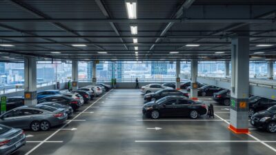 A bustling parking facility in a modern Japanese city, with a well-organized arrangement of parking spaces, neatly marked with lines and signage. The structure has a sleek, minimalist design, with clean lines and a harmonious blend of glass, steel, and concrete. Soft, diffused lighting illuminates the area, creating a welcoming and secure atmosphere. Vehicles of various sizes are parked in an orderly fashion, with ample space for maneuvering. The background features a cityscape of towering skyscrapers, suggesting a densely populated urban environment. The overall scene conveys a sense of efficiency, functionality, and attention to detail, reflecting the Japanese approach to urban planning and infrastructure.
