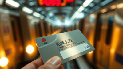 A close-up view of a Japanese rail pass, its sleek surface reflecting the warm lighting of a train station. The pass is held against a blurred background of departing trains, their metallic bodies gleaming under the soft, golden illumination. The pass appears worn, its edges slightly frayed, suggesting the many adventures it has facilitated. The composition emphasizes the pass's tactile qualities, inviting the viewer to imagine the journeys it has enabled through the stunning landscapes of Japan.