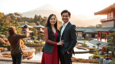A couple in casual formal wear standing together in a scenic Japanese landscape, with a skilled photographer capturing their intimate moment. The foreground showcases the couple in flattering poses, their expressions serene and joyful. The middle ground features a traditional Japanese garden with lush greenery, koi ponds, and pagodas. The background boasts a majestic mountain range bathed in soft, warm lighting, creating a serene and romantic atmosphere. The camera angles and lenses used accentuate the couple's connection, while the overall composition and lighting evoke a sense of timeless elegance.