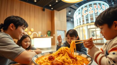A cozy, interactive ramen experience at the Cupnoodles Museum in Yokohama. In the foreground, a family gathers around a large, steaming bowl of ramen, customizing their toppings with chopsticks. Mid-ground, the museum's bright, modern interior with clean lines and playful decor, showcasing the ramen-making process. The background features the museum's iconic exterior, a contemporary, neon-lit building that invites visitors to explore the world of instant noodles. Warm, diffused lighting illuminates the scene, creating a welcoming and engaging atmosphere for the whole family.