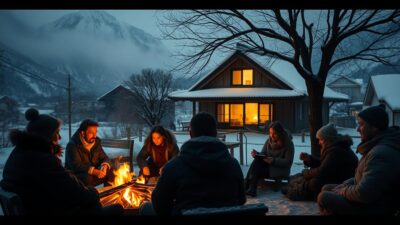 A cozy winter scene in Sapporo, Japan. In the foreground, a group of people sit around a crackling fire, faces aglow with warmth and concentration as they share stories. In the middle ground, a traditional Japanese house with a snow-capped roof stands serene, its windows illuminated from within, hinting at the personal narratives unfolding inside. In the background, a serene landscape of snow-covered mountains and a softly falling snow create a peaceful, contemplative atmosphere. Soft, diffused lighting casts a dreamlike, intimate quality over the entire scene, inviting the viewer to imagine the deeply personal stories being told.
