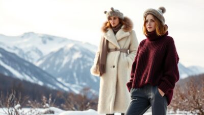 A cozy winter wardrobe set against a snowy landscape. In the foreground, a plush, oversized knit sweater in a deep, rich burgundy hue. Paired with sleek, tailored wool pants in charcoal gray, the outfit exudes effortless elegance. In the middle ground, a luxurious, floor-length fur coat in a stunning shade of ivory, its soft, lush texture inviting touch. Accessorized with a matching fur-trimmed headband and cashmere scarf, the ensemble radiates warmth and sophistication. In the background, a serene, snow-covered mountain range bathed in soft, diffused light, creating a picturesque, wintery backdrop.