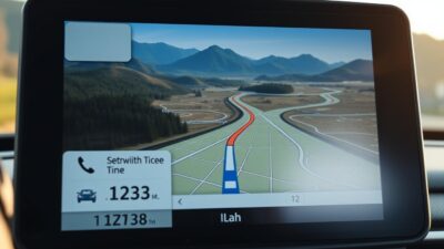 A detailed GPS navigation interface in English, displayed on a modern, high-resolution digital screen. The interface shows a topographical map of a rural Japanese landscape, with winding roads, mountains, and forests in the background. The foreground features a clean, minimalist design with large, legible icons and text, providing clear directions, distance estimates, and travel time. Soft, natural lighting casts a warm, calming glow over the scene, evoking a sense of tranquility and ease of use for the driver. The overall composition conveys the seamless integration of technology and the natural environment, supporting the user's journey through the picturesque Japanese countryside.