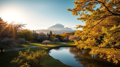 A lush, verdant park bathed in warm, golden sunlight. In the foreground, a tranquil pond with still waters reflecting the surrounding foliage. Winding paths meander through the middle ground, flanked by blooming cherry blossom trees. In the distance, a majestic mountain range rises, its peaks shrouded in wispy clouds. The scene exudes a serene, picturesque atmosphere, a harmonious blend of nature's beauty and soothing ambiance - the perfect setting for a cost-effective prewedding photoshoot in Japan.