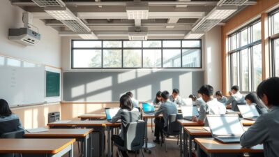 A modern Japanese classroom with natural light streaming through large windows, students in school uniforms diligently studying at their desks. The room is equipped with state-of-the-art technology - sleek whiteboards, projectors, and laptops. A sense of focus and discipline pervades the scene, capturing the rigorous academic environment of a Japanese school. The overall atmosphere is one of productivity and intentionality, reflecting the high standards and dedication associated with Japanese education.
