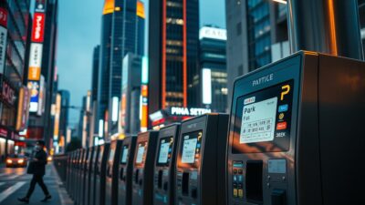 A modern parking pay station set against the backdrop of a bustling Japanese city street. The pay station is a sleek, touchscreen-based machine with intuitive instructions and multiple payment options. In the foreground, a person inserts cash or a card, while the middle ground shows a row of similar pay stations, each illuminated by warm, indirect lighting. The background features the towering skyscrapers and neon-lit signage characteristic of a major Japanese metropolitan area, conveying a sense of efficiency and convenience amidst the urban landscape.