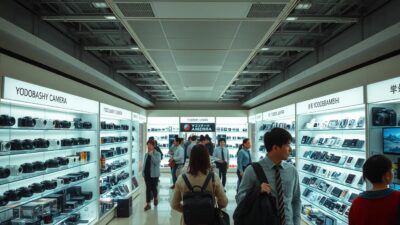 A modern, well-lit interior of Yodobashi Camera, a renowned Japanese electronics and camera retailer. The spacious showroom features sleek display shelves showcasing an array of the latest digital cameras, camcorders, smartphones, and other electronic gadgets. Bright lighting accentuates the products, creating an inviting and aspirational shopping experience. Customers are navigating the aisles, examining the merchandise with keen interest. The overall atmosphere conveys a sense of technological innovation, quality, and consumer-friendly pricing, reflecting the store's reputation for providing affordable, high-end electronics.
