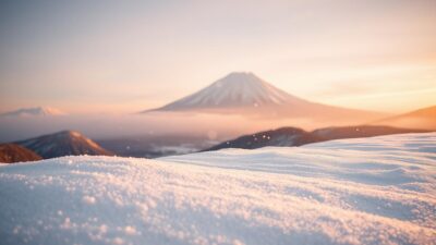 A picturesque winter landscape of snow-capped peaks, with the iconic Mount Fuji rising majestically in the background. The foreground is blanketed in a pristine layer of fresh, powdery snow, glistening in the soft, diffused light. In the middle ground, delicate snowflakes drift gently, creating a mesmerizing, ethereal atmosphere. The lighting is subtle and warm, casting a golden glow that enhances the natural beauty of the scene. The overall mood is serene, peaceful, and tranquil, inviting the viewer to immerse themselves in the tranquil splendor of this winter wonderland.