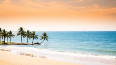 A serene coastal scene along the Yokohama shoreline. In the foreground, a tranquil beach with soft, golden sand and gently lapping waves. Dotting the middle ground, a row of verdant palm trees sway in a light, coastal breeze. Farther out, the sparkling blue waters of the Pacific Ocean stretch to the horizon, accented by a few distant sailboats. The sky above is filled with wispy, cloud-dappled sunlight, creating a warm, inviting atmosphere. The overall mood is one of peaceful relaxation, perfectly complementing the "Forest Adventure & Elephant Nose Park" adventure section of the article.