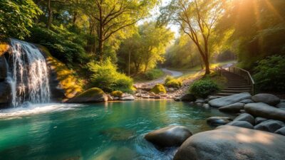 A serene glade nestled amid verdant foliage, with a cascading waterfall spilling into a crystal-clear pool below. Sunlight filters through the lush canopy, casting a warm, golden glow over the scene. Smooth, polished river rocks line the banks, their surfaces reflecting the dancing water. In the distance, a winding path leads deeper into the enchanting forest, inviting the viewer to explore this hidden natural wonder. The atmosphere is one of tranquility and awe, evoking a sense of spiritual connection with the beauty of the untamed world.