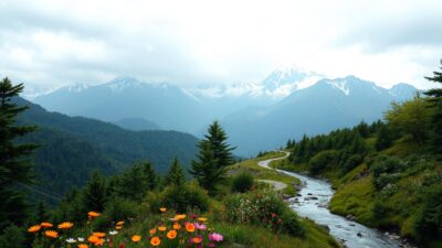 A serene mountain landscape with a winding trail cutting through lush, verdant foliage. Towering peaks in the distance, their snow-capped summits glittering under the soft, diffused lighting of an overcast sky. The foreground is dotted with vibrant wildflowers, their petals swaying gently in the cool, refreshing breeze. The middle ground features a meandering stream, its crystal-clear waters reflecting the surrounding natural beauty. The mood is one of tranquility and awe, inviting the viewer to embark on an exhilarating hiking adventure amidst Japan's breathtaking alpine environments.