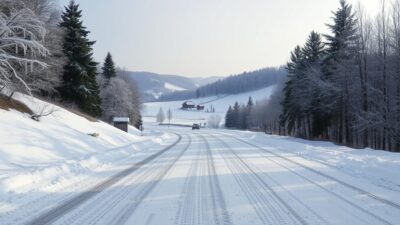 A snow-covered rural road winds through a picturesque Japanese countryside, flanked by towering evergreen trees and rolling hills blanketed in a pristine white mantle. Icy crystal formations cling to the bare branches, casting intricate shadows across the pristine surface. The sky is a soft, hazy gray, lending a serene, muted atmosphere. In the distance, a few scattered traditional Japanese buildings peek out from the snowy landscape. The scene is illuminated by a gentle, diffused natural light, creating a sense of peaceful tranquility. The road ahead appears treacherous, requiring cautious navigation and winter driving essentials like snow tires and chains to ensure safe passage.