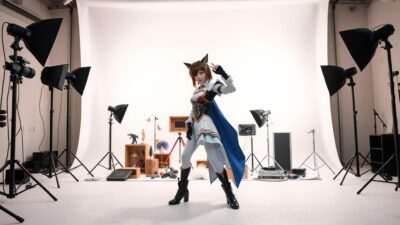 A spacious and well-equipped photography studio, with a seamless white backdrop and a selection of lighting equipment. In the foreground, a model poses confidently in an elaborate anime-inspired cosplay, striking a dynamic and dramatic stance. The middle ground features a collection of props and accessories, carefully selected to complement the character's design. The background is softly lit, creating a sense of depth and focus on the subject. The overall atmosphere is one of professional precision, with a touch of whimsical imagination, perfectly suited for a prewed photoshoot with an anime cosplay theme.