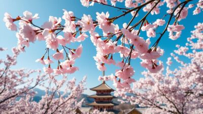 A stunning spring scene featuring an array of delicate, soft pink cherry blossoms against a clear blue sky. The blossoms are in full bloom, their petals gently swaying in a light breeze. In the foreground, the blossoms create a lush, dreamy canopy, casting a warm, romantic glow. The middle ground showcases a traditional Japanese pagoda or temple, its elegant architecture complementing the natural beauty of the flowers. In the background, rolling hills and mountains provide a serene, picturesque landscape. The lighting is soft and diffused, creating a sense of tranquility and wonder. Captured with a wide-angle lens to emphasize the depth and scale of the scene, this image perfectly encapsulates the beauty and essence of springtime in Japan.