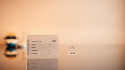 A transparent, detailed estimate of shipping costs presented on a glossy surface with a subtle gradient backdrop. The foreground features a simple, minimalist calculator interface with clear labels for weight, destination, and calculated total. The middle ground showcases various shipping-related icons and symbols, conveying the complexity of the logistics involved. The background gently blurs, creating a sense of depth and focus on the core information. Warm, neutral lighting casts a professional, trustworthy atmosphere, inviting the viewer to engage with the transparent shipping estimate.