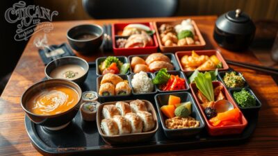 A vibrant array of traditional Japanese dishes, meticulously arranged on a lacquered tray. In the foreground, steaming bowls of fragrant ramen and sushi rolls gleam under soft, natural lighting. The middle ground features a selection of bento boxes, each compartment filled with perfectly portioned delicacies - tempura, grilled fish, and colorful pickled vegetables. In the background, the warm, earthy tones of a rustic wooden table set the stage, evoking the cozy atmosphere of a local eatery. The scene exudes the perfect balance of flavors, textures, and visual appeal, capturing the essence of a satisfying and budget-friendly Japanese lunch experience.