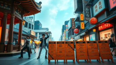 A vibrant, immersive anime-inspired scene showcasing a variety of cosplay-themed courses and packages for a pre-wedding photoshoot in Akihabara. In the foreground, an elegant Japanese-style pavilion with intricate architectural details and a colorful tiled roof. Figures in dynamic anime-style cosplay poses strike various action-oriented stances, their costumes meticulously detailed. The middle ground features an array of course offerings displayed on beautifully crafted wooden signs, their descriptions alluringly presented. In the background, the bustling streets of Akihabara come alive, with neon-lit shops, iconic anime landmarks, and a crowd of enthusiastic cosplayers wandering the scene. Warm, saturated lighting casts a dreamlike glow, heightening the immersive, fantastical atmosphere.