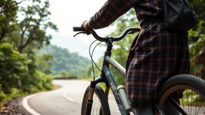 A weathered but sturdy Japanese mountain bicycle, its frame adorned with intricate patterns, stands in the foreground. The rider, garbed in a traditional happi coat, grips the handlebars with a calm, confident posture. In the middle ground, a winding mountain road winds through lush, verdant foliage, with glimpses of distant peaks peeking through the haze. The scene is bathed in soft, diffused lighting, creating a serene and contemplative atmosphere, capturing the spirit of shared space and local etiquette on the roads of the Japanese mountains.