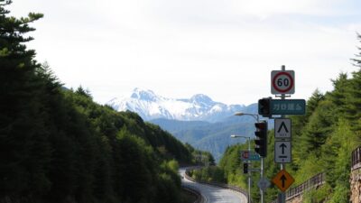 A winding mountain road, its edges lined with lush evergreen foliage. In the foreground, a series of road signs and traffic signals stand tall, their reflective surfaces catching the dappled sunlight filtering through the canopy. The signs feature stylized icons and Japanese script, providing clear guidance for drivers navigating the twisting inclines. In the middle ground, the road snakes through rolling hills, flanked by rugged, snow-capped peaks that reach towards a bright, overcast sky. The scene conveys a sense of tranquility and reverence for the natural beauty of the Japanese mountain landscape.